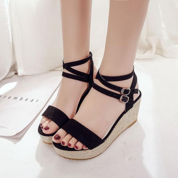 

ankle strap front rear platform wedges heels women sandals med concise fashion summer buckle shoes, Black