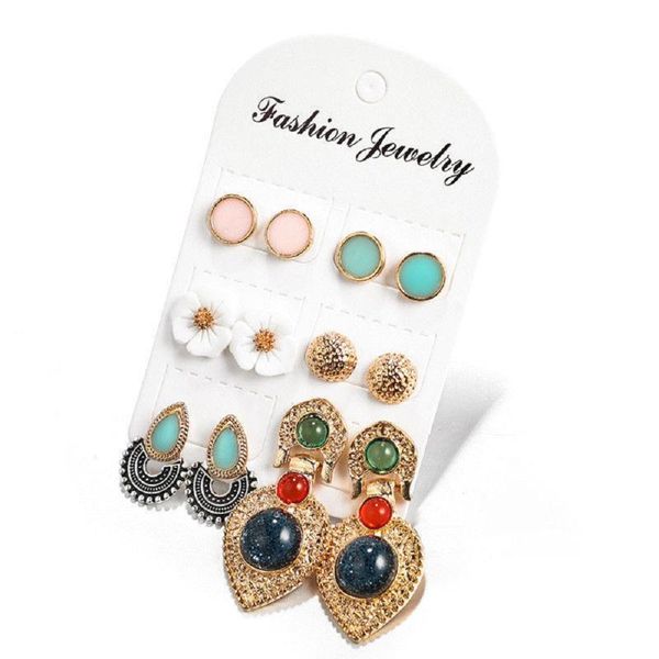 

stud 6 pairs/set flower crystal earrings fashion water simple style earring sweet girl women's jewelry 4 styles, Golden;silver