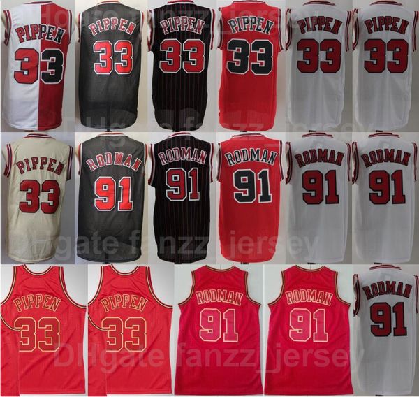 

men retro basketball dennis rodman jersey 91 scottie pippen 33 vintage all stitched team black red white beige stripe color breathable for s