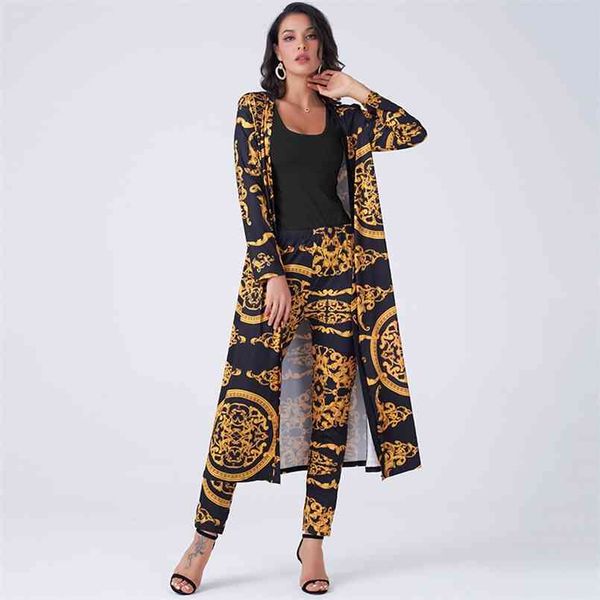

summer women 2 pieces set vintage palazoo print high waist elastic pants long sleeve open front coat homewear business suit 210819, White