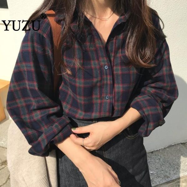 

women's blouses & shirts vintage shirt plaid cotton checked flannelette women korean casual thick long sleeve single-breasted fashion, White