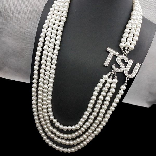 

chains handmade custom greek sorority multi layers white pearl letters tsu necklaces statement school club jewelry, Silver