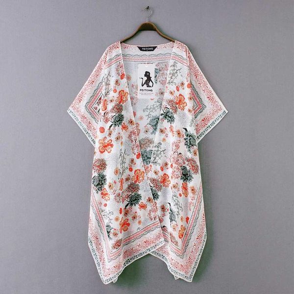 

women's swimwear bohemian printed long beach cover up plus size women summer beachwear chiffon bathing suit coverup kimono cardigan sha, White;black