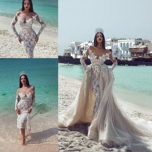 2021 заявил, что свадебные платья Mhamad Champagne Mermaid свадебные платья невесты с длинными рукавами с длинными рукавами Полное кружевное свадебные платья плюс размер издевалки съемки съемный поезд