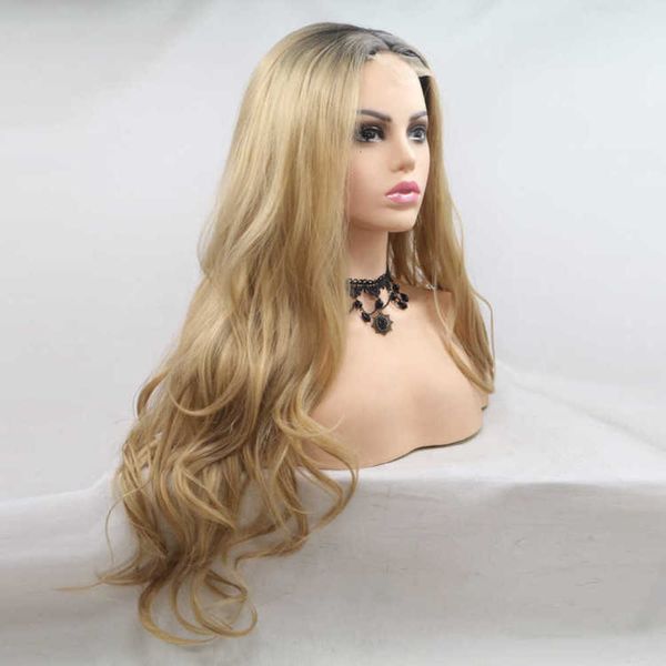 

selling chemical fiber front lace long curly hair dyed with gold wig overseas, Black;brown