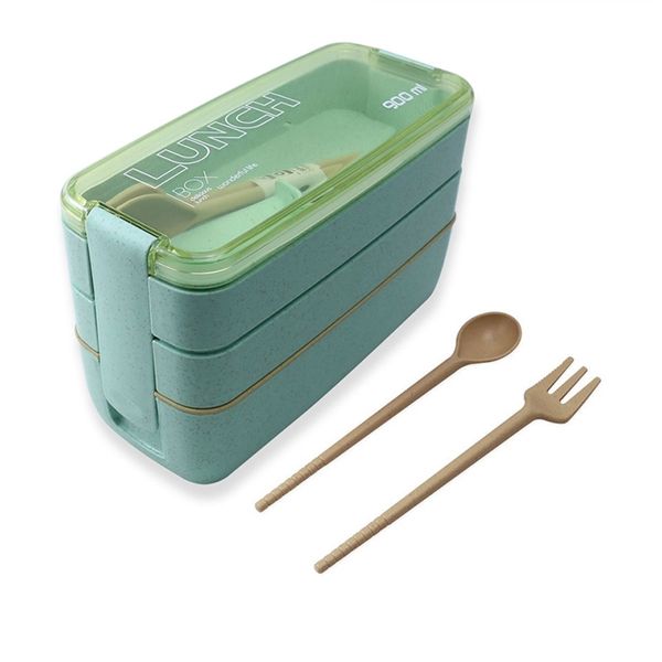 900 ml 3 Schichten Lunchbox Bento Lebensmittelbehälter Umweltfreundliches Weizenstrohmaterial Mikrowellengeeignetes Geschirr Lunchbox VIP 210925
