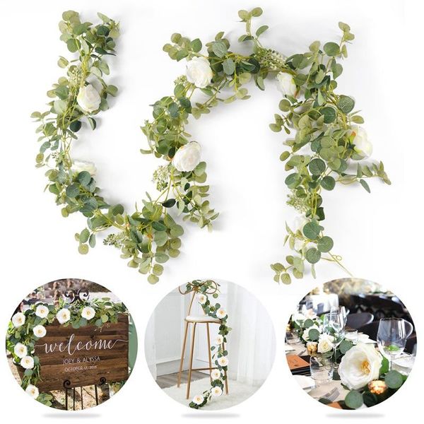 

decorative flowers & wreaths 1.8m artificial eucalyptus with camellia garland hanging rattan vertical garden home table party wedding backdr