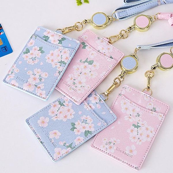 

card holders cute flowerspu leather bus id holder case portable badge retractable neck strap lanyard, Brown;gray