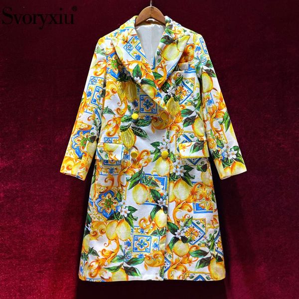 

women's wool & blends svoryxiu runway designer autumn winter blend long overcoat outwear beaded lemon print double breasted jackets coa, Black