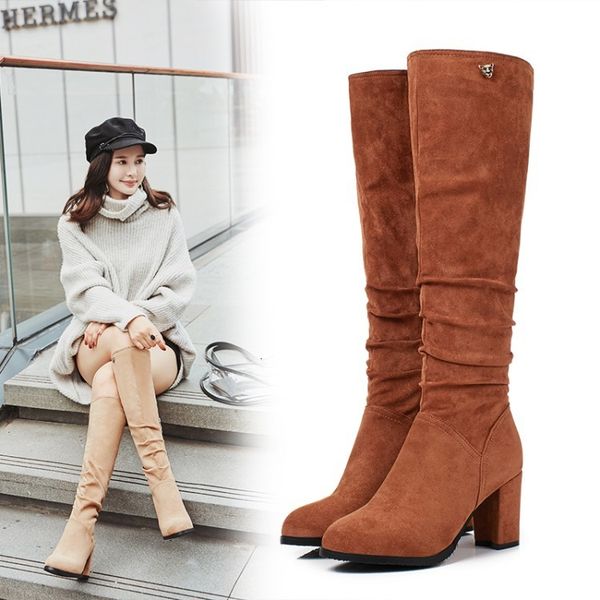 

boots plus size 30 31 32 33 to 42 43 fashion beige wrinkle chunky heel knee high winter designer, Black