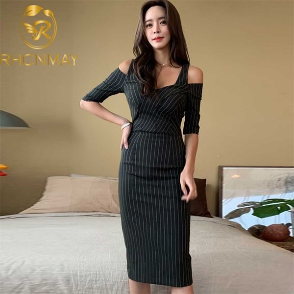 

korea women dress summer elegant pencil bodycon v neck off shoulder midi length striped office lady 210506, Black;gray