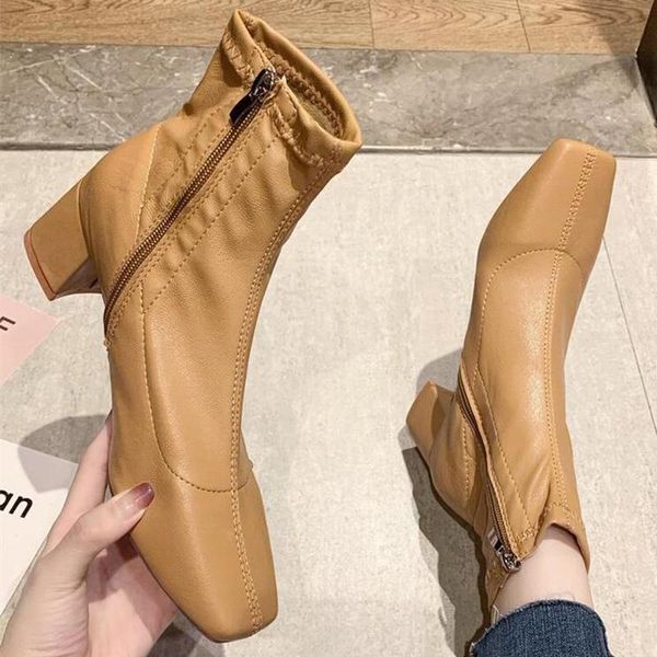 

boots ankle women shoes woman fashion high-heeled 2021 autumn style pu square toe d477, Black