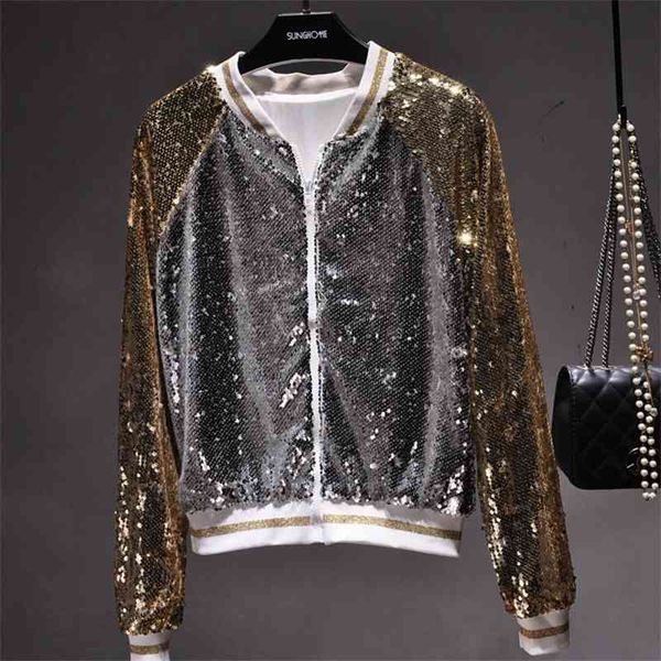 

qooth women sequin coat bling shiny outerwear casual jacket sequined short golden silver patchwork coats qh2164 210518, Black;brown