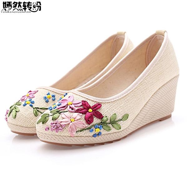 

dress shoes chinese women pumps floral slip on natural linen slope heel retro cloth canvas soft dance woman, Black