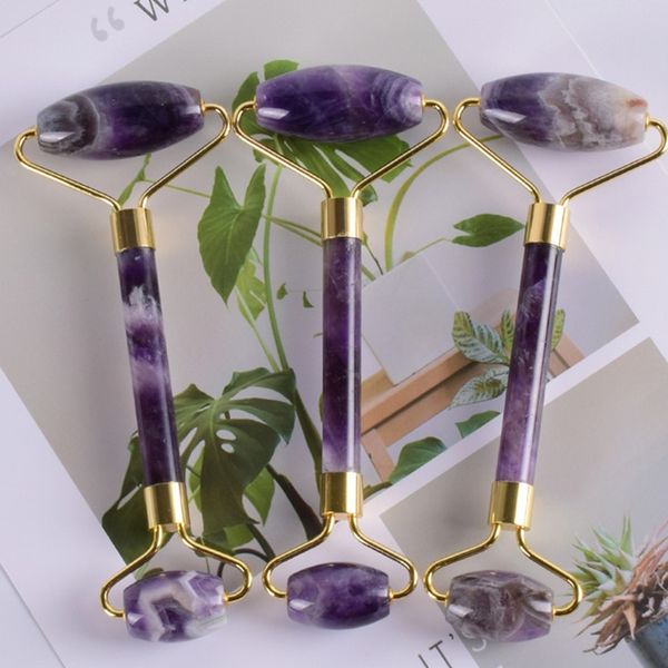 Großhandel mit natürlichem Amethyst-Kristall-Kopfmassagegerät für Gesichtsstab, lila Quarzstein-Roller, Anti-Cellulite-Massage mit Kleinkasten