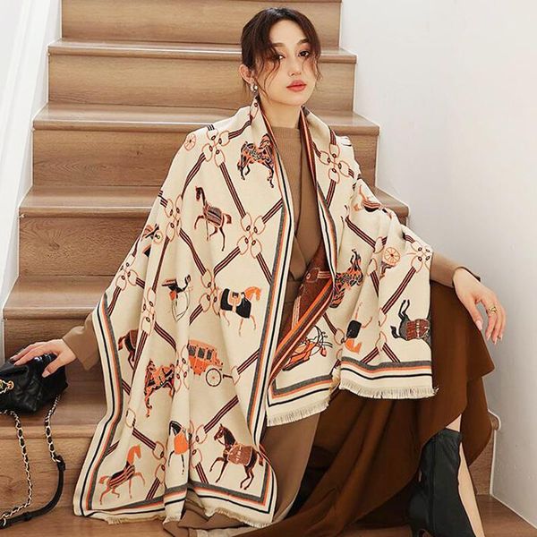 

scarves 2021 autumn and winter vintage carriage imitation cashmere scarf fashion decoration long style with warm bib women's shawl, Blue;gray