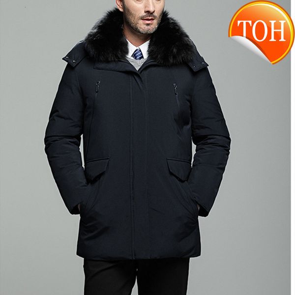 

winter polyester men's down jacket hooded long sleeve cardigan zipper pockets solid thick fashion casual, Black