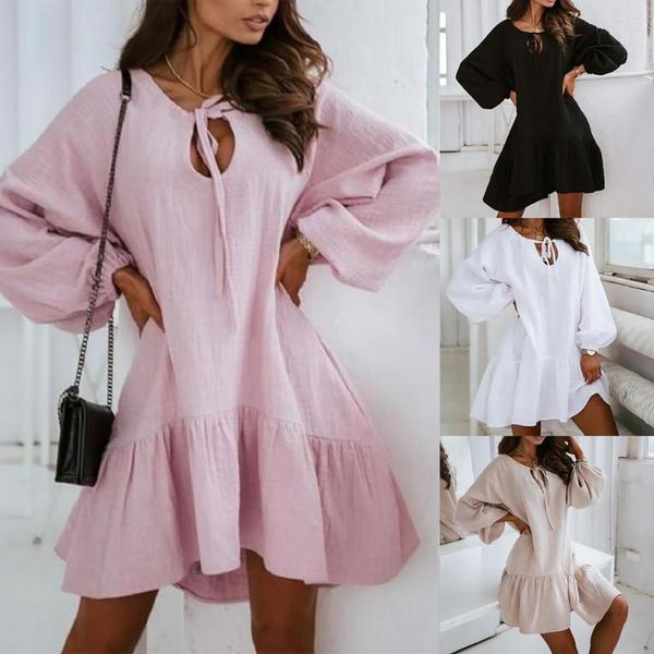

casual dresses women solid color dress long puff sleeve tie-up cotton flax spring summer hollow out ruffle party for vacation 2021, Black;gray