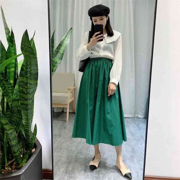 

summer arrival simple green elastic high waist slimming casual temperament women cotton a-line long skirt 210527, Black