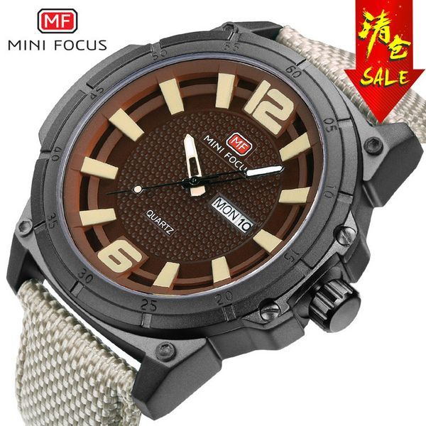 

fashion watches /mini focus double calendar men's watch japanese movement luminous waterproof nylon strap 0136g, Slivery;brown