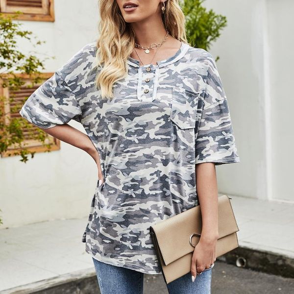 

women's t-shirt fashion women camouflage print o neck short sleeve button pocket loose casual shirt 2021 summer basic t-shirts, White
