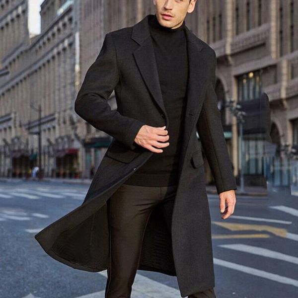 

men's wool & blends winter 2021 fashion solid single breasted turn-down collar long coats for men vintage sleeve cardigan mens woolen o, Black
