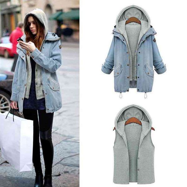 

women's jackets wholesale- casual knitted jean two piece set denim hooded plus size oversized coat outwear gl16, Black;brown