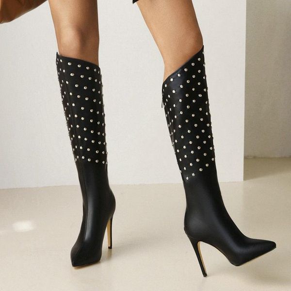 

boots knee height black white women high pointed toe stiletto heels ladies metal decoration winter shoes
