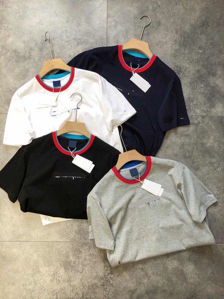 

brand t shirt and polos new summer short sleeve pure cotton red stripe color contrast round neck couple half embroidery, White