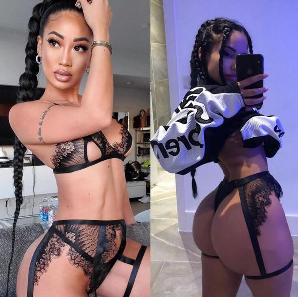 

women lingerie three piece set lace bras garter briefs skirt sets babydoll cut-out sleepwear erotic nightwear underwear, Red;black