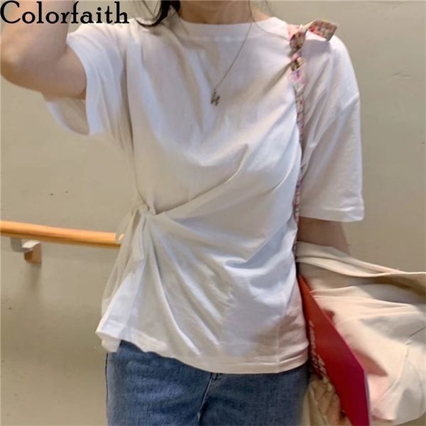 

women summer t-shirt bottoming basic solid fashionable korean style lace up lady oversize short t1641 210427, White