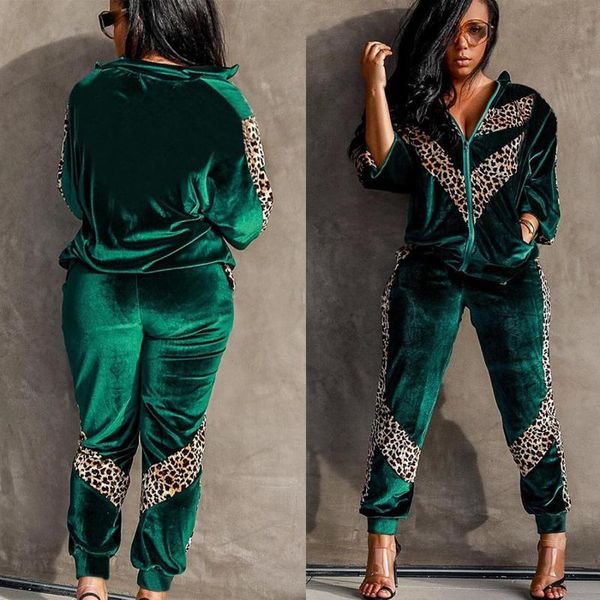 

women's tracksuits autumn women sets leopard patchwork velvet two pieces fashion zipper long sleeve coats jogger pants sportswear, Gray