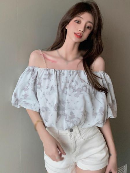 

women's blouses & shirts summer puff sleeve printed shirt women off shoulder casual ruffles female slash neck chiffon blouse, White