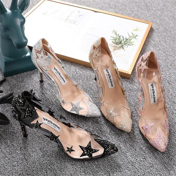

dress shoes transparent high heel women's stiletto pointed wedding rhinestone glass glue, star, Black