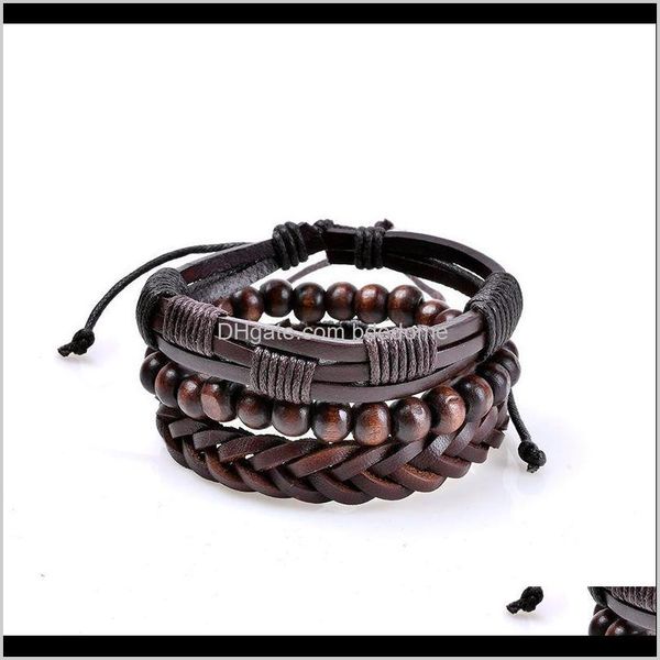 

bangle drop delivery 2021 multilayer casual fashion braided leather bracelets for women wood bead bracelet punk rock men jewelry dark brown, Black