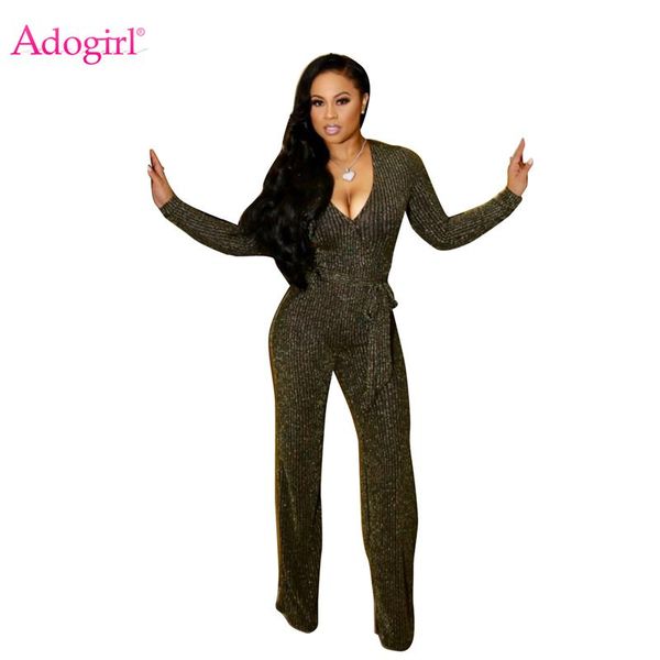 

women's jumpsuits & rompers adogirl metallic glitter high stretchy ribbed jumpsuit wrap v neck long sleeve women romper overalls casual, Black;white
