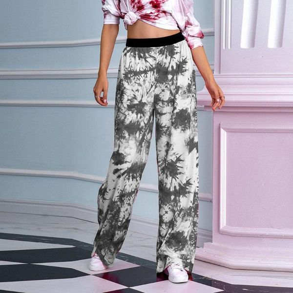 

women's pants & capris women tie dye printed elastic wide leg waist lace up long pnats homewear loose casual boho high streetwear trous, Black;white
