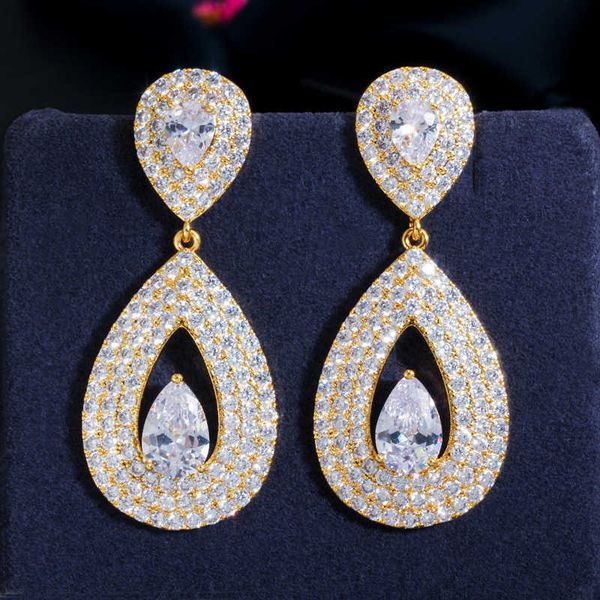 

shiny tear drop cubic zirconia 585 gold long dangle pendant earrings for women party jewelry cz653 210714, Silver