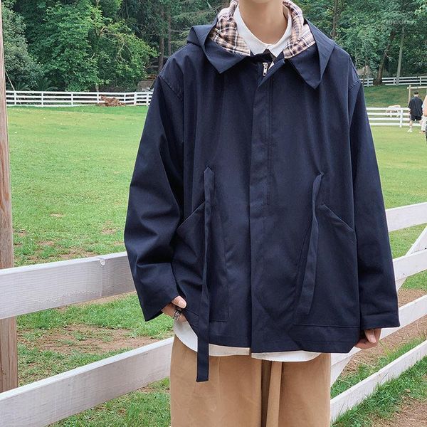 

men's jackets 2021 autumn and winter youth fashion loose big pockets solid color hooded jacket casual all-match blue, Black;brown