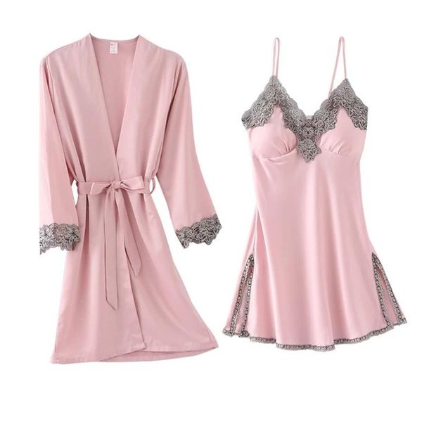

women's sleepwear lace bathrobe set women solid spring summer satin ladies thin pajama suit nightgown 2 pcs silk for female fashion, Black;red