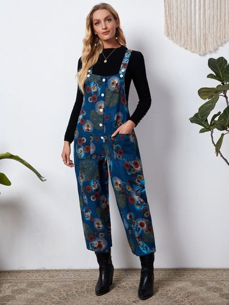 

emery rose floral print dual pocket overall jumpsuit without l5nf#, White