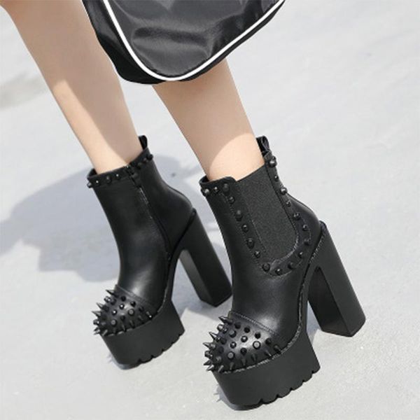 

boots 2021 women's rivet gothic ankle women leather pumps woman platform zip thick high heels ladies punk footwear female shoes, Black