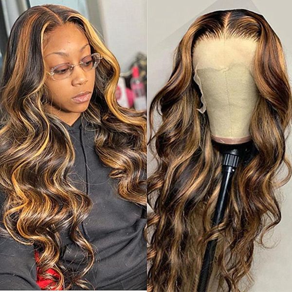 

250% body wave wig honey blond ombre color highlight t part lace front human hair wigs for women remy brazilian baby, Black;brown