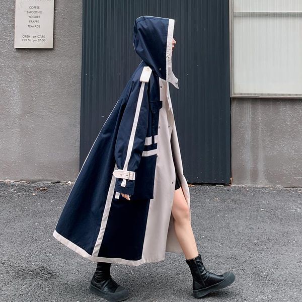 

women's trench coats women coat hooded double-breasted oversize patchwork lady windbreaker with belt spring autumn outerwear female clo, Tan;black