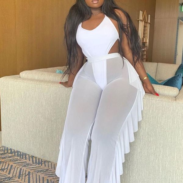 Malha Sexy Beach Wear ver através de biquíni fundo branco plissado cobertura mulheres 2020 longos calças de cintura alta calças de verão xl