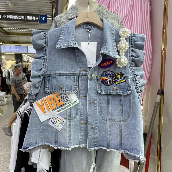

women's vests fashion ruffle spliced denim vest women harajuku sleeveless heavy work beaded jeans coat female short jackets q316, Black;white