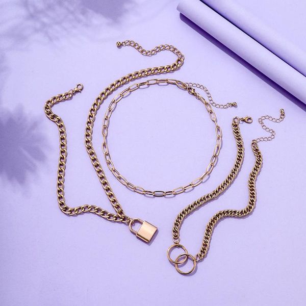

chains lost lady women's lock pendant necklace metal double circle personalized drag ring jewelry party gift wholesale, Silver