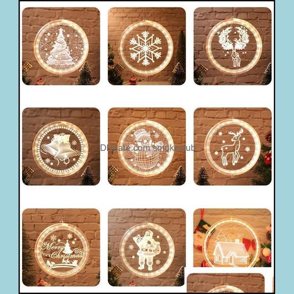 Decorações Festivas Suprimentos Home Garden3D Christmas Suspensão Luz Redonda Janela Decortive Snowflake Santa Star String Layout Luzes P