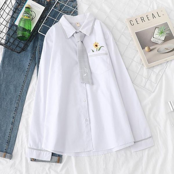 

women blouses shirts tunic womens 2021 womenswear long sleeve clothing button up down floral tie embroidery white women's &