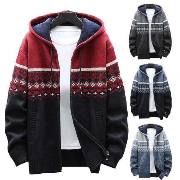

men's hoodies & sweatshirts men hooded coat vintage print drawstring autumn winter thicken plush knitted cardigan winter/autumn jacket, Black